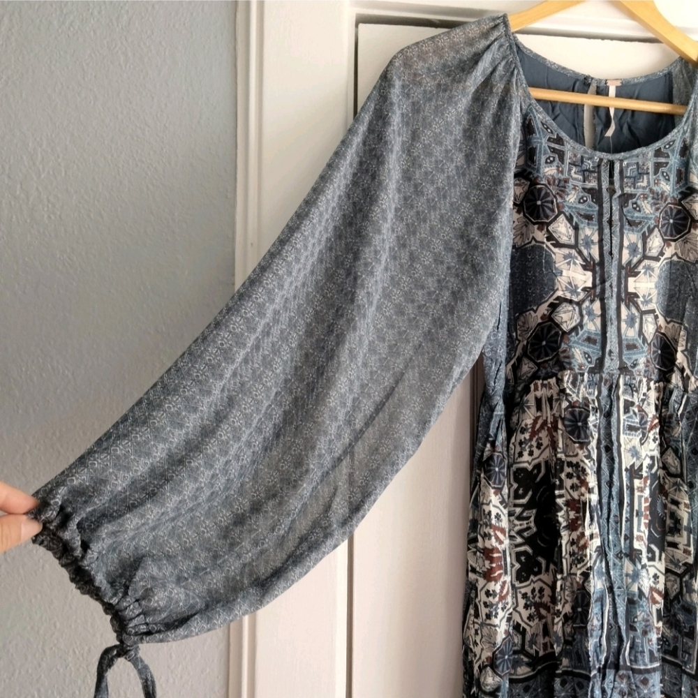 Free People NWT Marine Blue OKSANA Long Sleeve Mini Dress Size 6 Boho Peasant - Picture 4 of 15